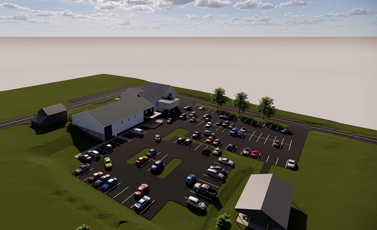 Aerial rendering of the proposed site and parking